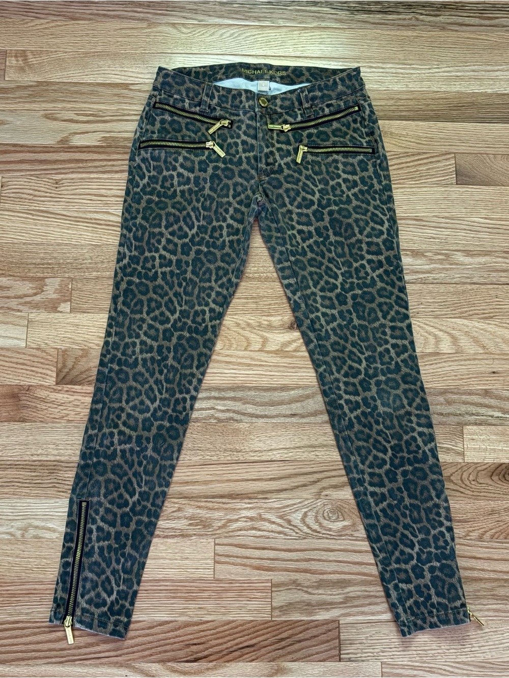 Michael Kors Leopard Print Skinny Jeans with Gold Zipper Accents